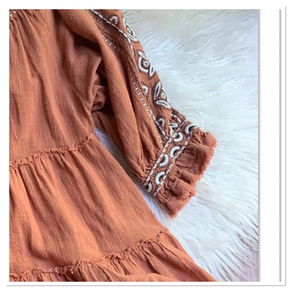 Free People Dreamweaver Embroidered Tunic Peasant Top Orange Brown Size Medium - Picture 5 of 10